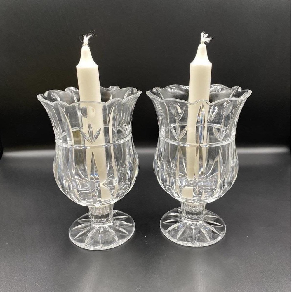 Vintage Block Lead‎ Crystal 7" Tulip Vase /Hurricane Candleholder Set Beautiful